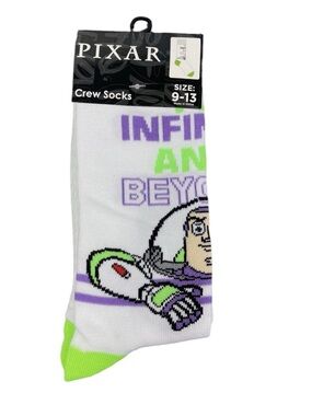 BUZZ LIGHTYEAR "To Infinity & Beyond" Men's Sz 9-13 Pair White Crew Socks NWT